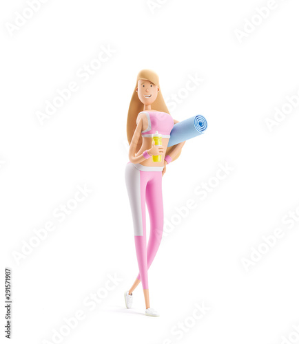 Fototapeta Naklejka Na Ścianę i Meble -  A sports girl stands with a bottle of water and a yoga mat. Yoga, sport and fitness concept. Cartoon girl character. 3d illustration.