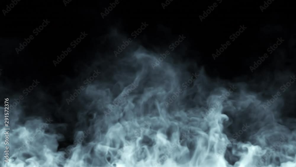 White steam spins and rises from below. White line smoke rises from a large pot, which is located behind the frame. Isolated seamless loop black background.