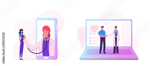 Distant Online Medicine Consultation. Smart Medical Technologies. Doctors Communicating with Patients through Computer and Mobile Phone Screen from Hospital Cabinet. Cartoon Flat Vector Illustration