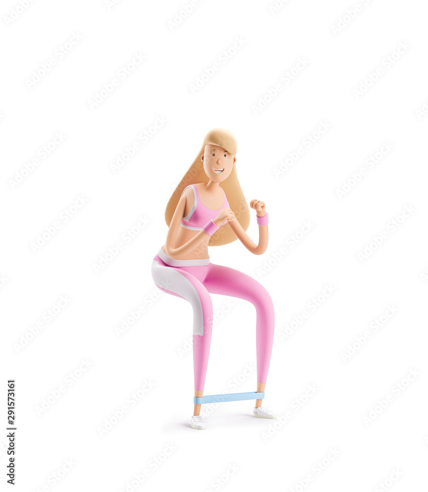 girl doing exercises with elastic. Yoga, sport and fitness concept. Cartoon girl character. 3d illustration.. girl doing exercises with elastic. Yoga, sport and fitness concept. Cartoon girl character. 3d illustration..