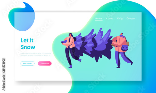 Happy Couple Carry Fir Tree Website Landing Page. Christmas and New Year Party Celebration Young People City Dwellers Prepare for Winter Holidays Event Web Page Banner Cartoon Flat Vector Illustration