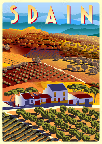 Summer day in Spain with ranches, vineyards, olive groves, fields and hills in the background.