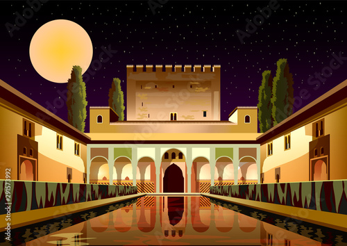 Courtyard of the Myrtles in La Alhambra Palace by night in Granada, Spain.