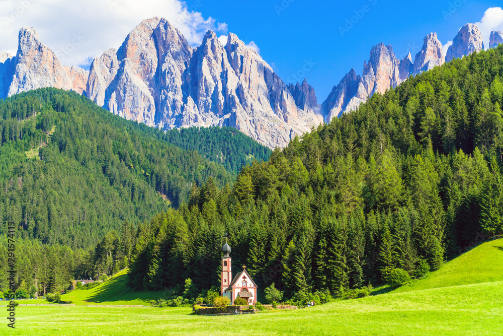 Val di Funes, Bolzano / Italy. San Giovanni in Ranui church (St John in Ranui church) in the Dolomites