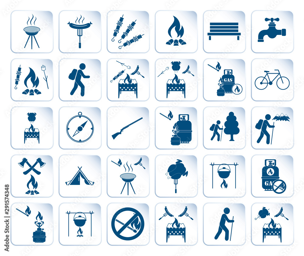 Set of travel and camping equipment icons Set of travel and camping equipment icons