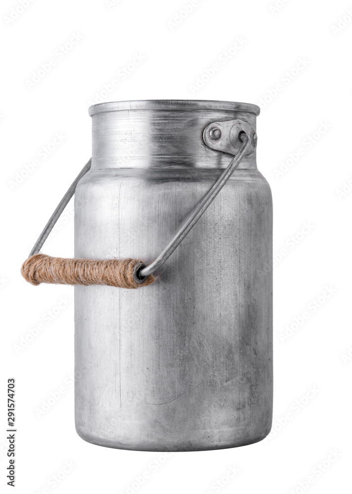 Aluminum milk canister on white isolated background close-up Aluminum milk canister on white isolated background close-up