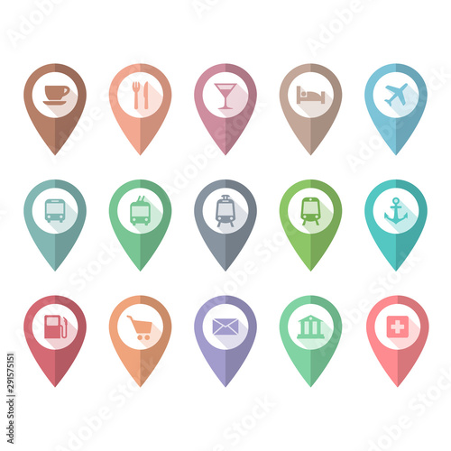 Location pin pointer for places, cafe, restaurant colorful vector long shadow icon set for maps. Location pointer with bus, train, airport sign.