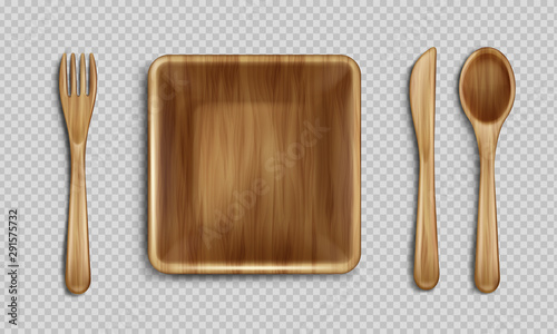 Wooden plate, fork, spoon and knife top view, disposable tablewear isolated on transparent background, table setting with empty square wood dish natural eco material. Realistic 3d vector illustration photo