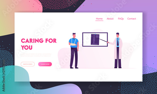 Traumatology Practitioner Appointment Website Landing Page. Doctor Stand at Screen Pointing on Xray Image of Patient Broken Arm Bones at Hospital Web Page Banner. Cartoon Flat Vector Illustration