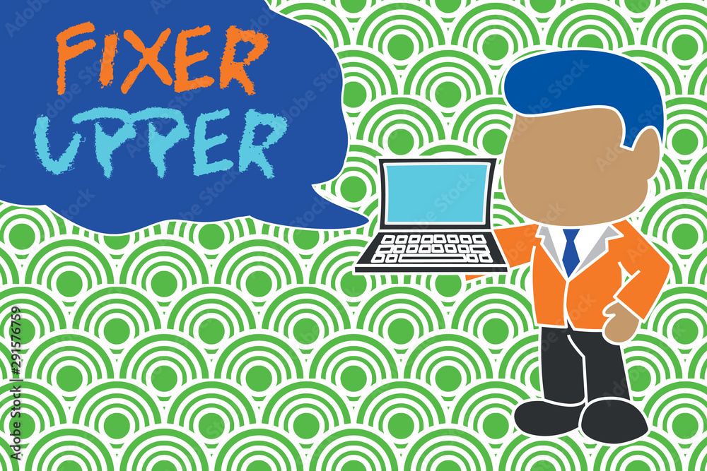 Naklejka premium Conceptual hand writing showing Fixer Upper. Concept meaning house in need of repairs used chiefly connection with purchase Standing businessman holding open laptop right hand side
