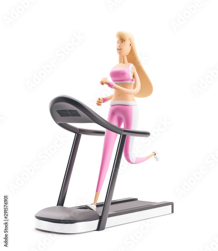 The girl runs on the treadmill. Yoga, sport and fitness concept. Cartoon girl character. 3d illustration.