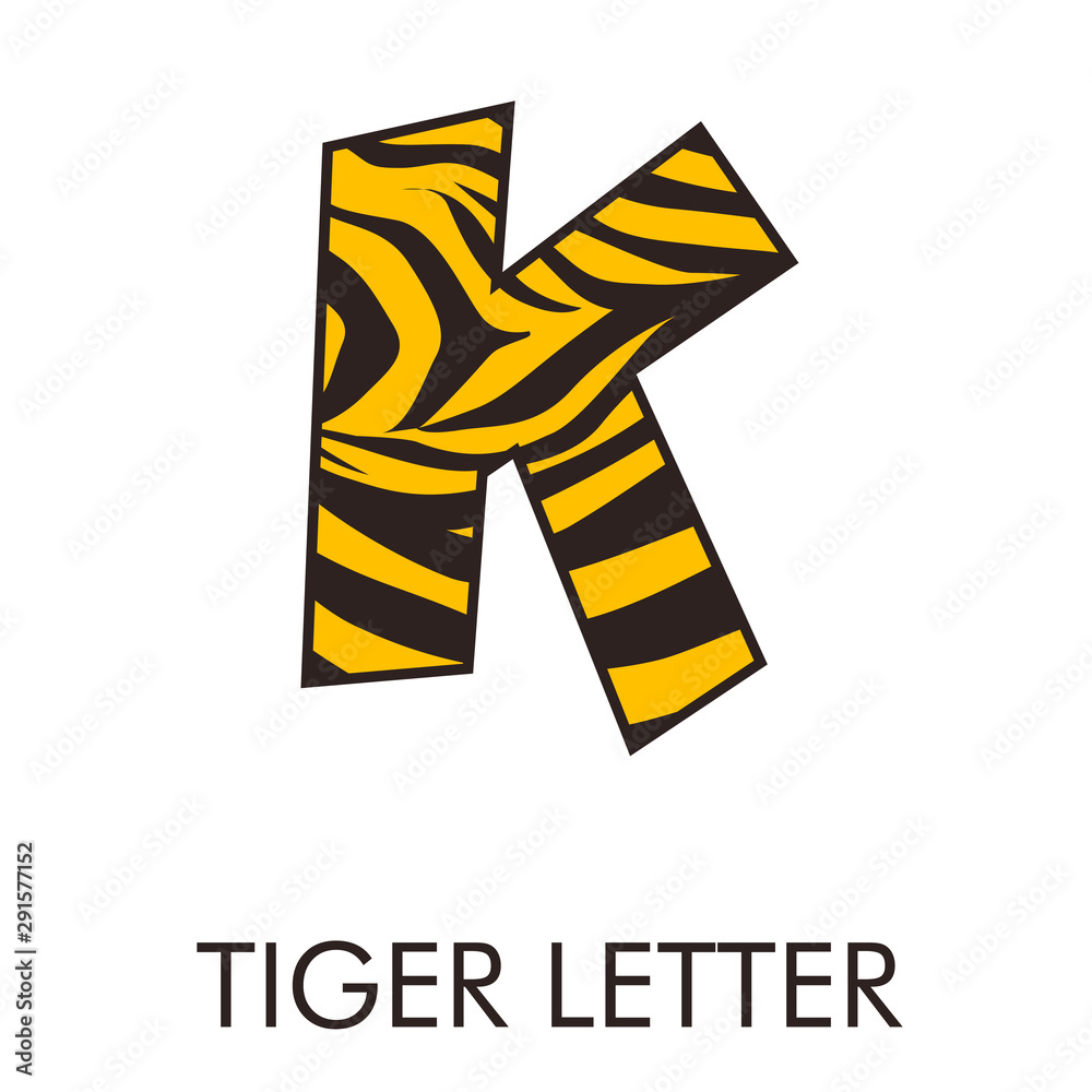 Logotipo letra K con patrón de piel de tigre en amarillo y marrón - obrazy, fototapety, plakaty 