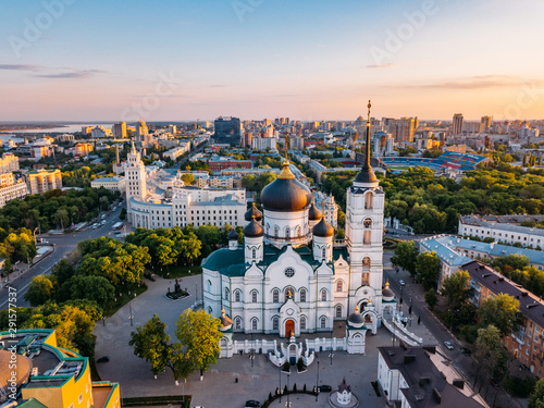 Evening summer Voronezh cityscape. Annunciation Cathedral and Tower of Management of South-east railway at sunset