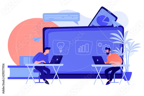 Students with laptops sitting behind interactive board with data. Digital, mobile, e-learning, flipped class, smart classroom. Modern education and virtual learning concept. Living coral blue vector