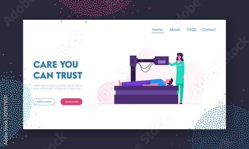 Magnetic Resonance Imaging Digital Technology Medicine Diagnostic Website Landing Page. Patient Lying Down on Mri Scan Machine with Nurse Next to Him Web Page Banner. Cartoon Flat Vector Illustration