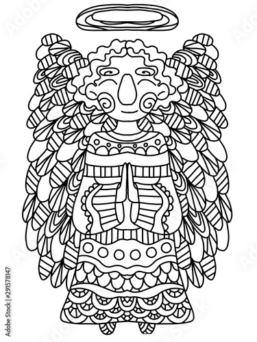 Christmas angel coloring page book. Black and white outline illustration. Ruddy and smile angel with wings and nimbus. Coloring page for adult and children. One of a series.