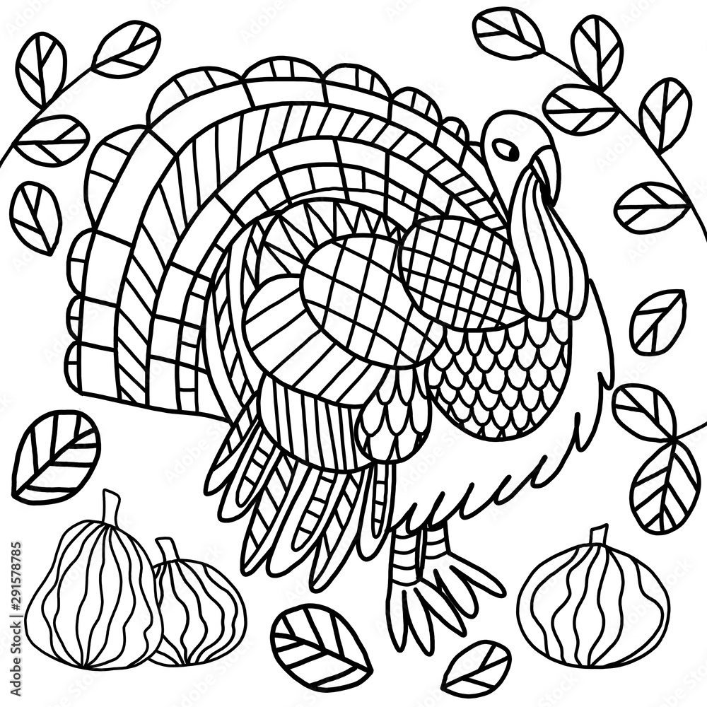 Black and white autumn illustration. Turkey bird and brances and