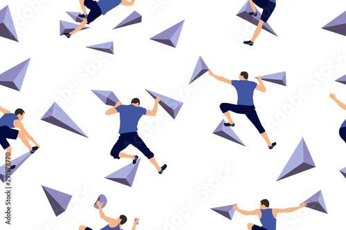 Climbers on a wall in the gym. Seamless background flat style vector illustration.