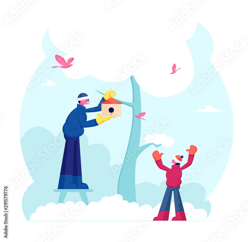 Happy Family Father and Little Son Hanging Birdhouse on Tree in Winter Time. Holidays or Weekend Sparetime, Outdoors Activity, People Help to Birds in Cold Season. Cartoon Flat Vector Illustration