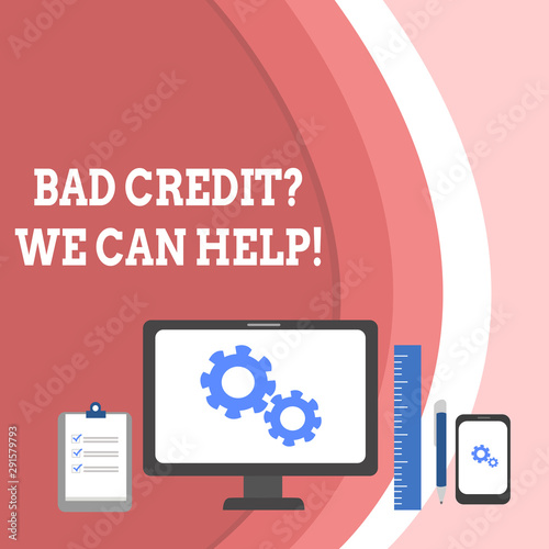 Conceptual hand writing showing Bad Creditquestion We Can Help. Concept meaning offerr help to gain positive payment history Business Concept PC Monitor Mobile Device Clipboard Ruler