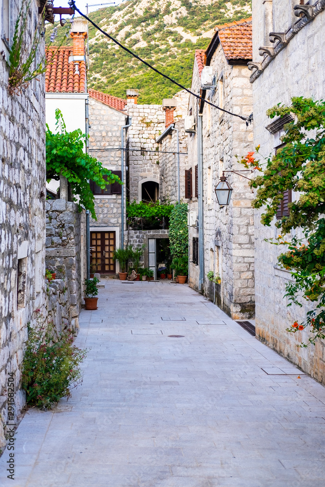 Fototapeta premium Characteristic street with stone houses, picturesque small old town Mali Ston, Dalmatia, Croatia 