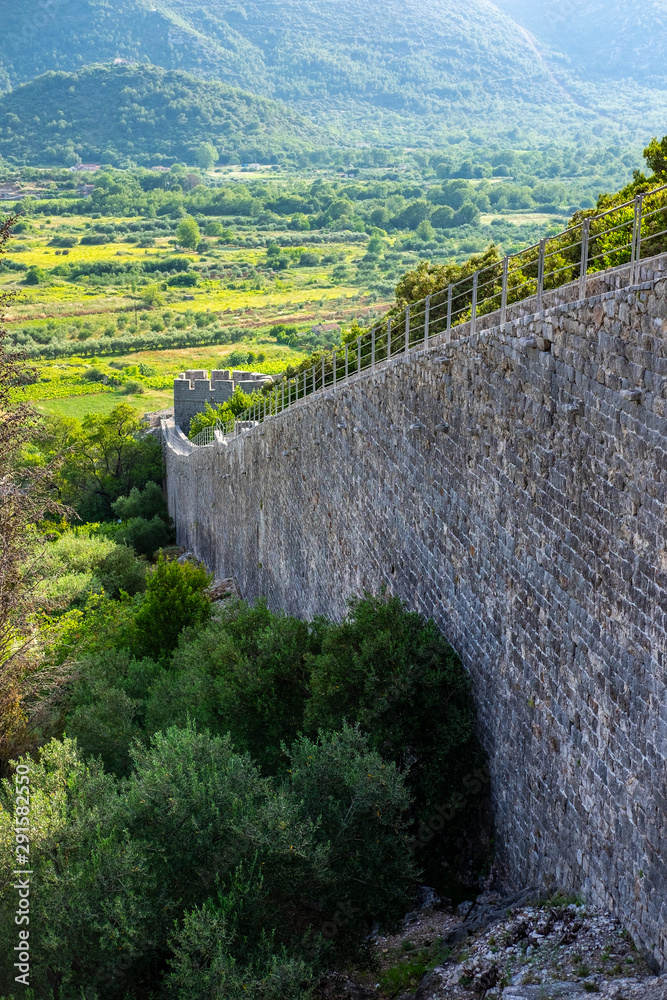 The Walls of Ston town in Peljesac Peninsula, Dalmatia, defensive walls, one of the major touristic attraction in Croatia, Europe 