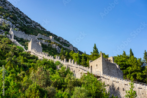 The Walls of Ston town in Peljesac Peninsula, Dalmatia, defensive walls, one of the major touristic attraction in Croatia and the second longest world walls 