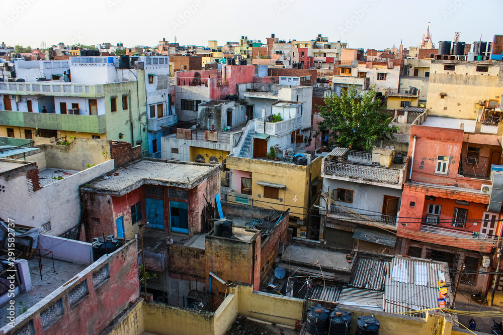 urban decay and view of roofs in delhi, india