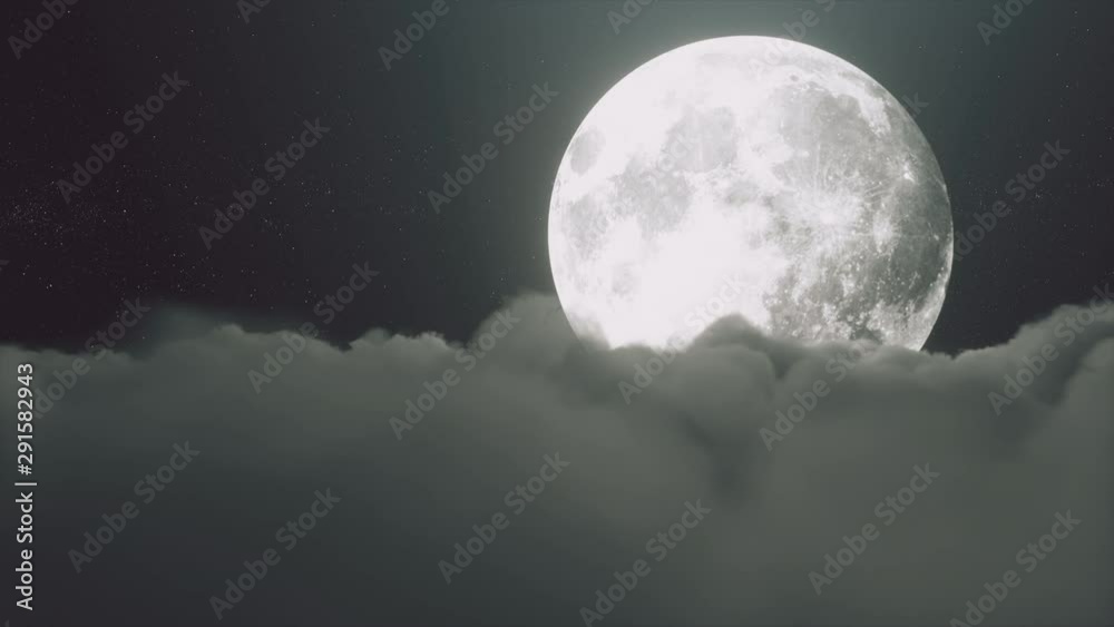 Beautiful realistic flight over cumulus lush clouds in the night moonlight. A large full moon shines brightly on a deep starry night. Cinematic scene. Seamless loop 3d render