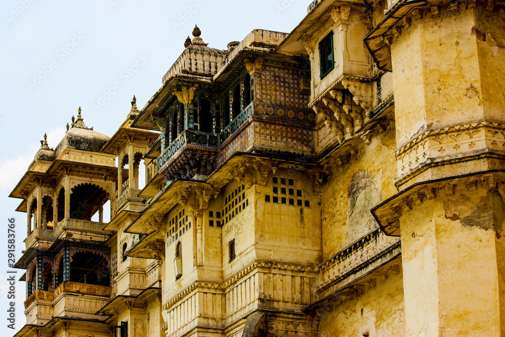 detail side view of city palace in Udaipur, India
