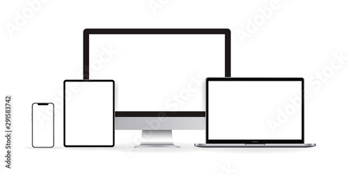 Mockup realistic device. Set of laptop, tablet, computer and phone. Vector illustration