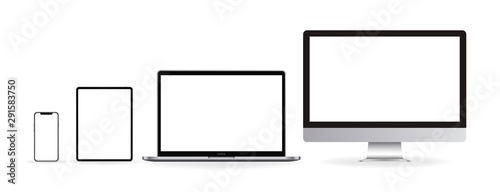 Mockup realistic device. Set of laptop, tablet, computer and phone. Vector illustration