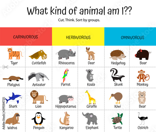 Herbivores, carnivores, omnivores. Animal game for children - guess who is who. Think, cut, sort by groups. Lion, kiwi, hippo, shark, koala, deer, platypus, anteater, walrus