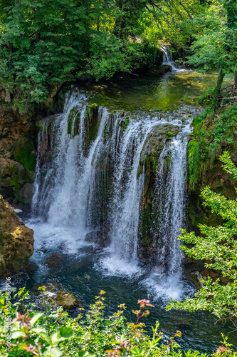 Waterfalls of Korana river in Rastoke village  near Slunj  Croatia  beautiful landscape with green trees on sunny summer day