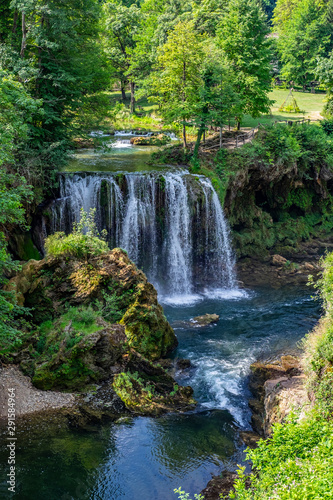 Waterfalls of Korana river in Rastoke village  near Slunj  Croatia  beautiful landscape with green trees on sunny summer day
