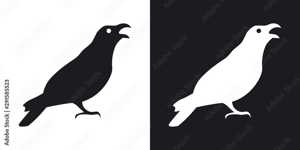 Raven or crow silhouette, halloween illustration. Two-tone vector icon on black and white background Raven or crow silhouette, halloween illustration. Two-tone vector icon on black and white background