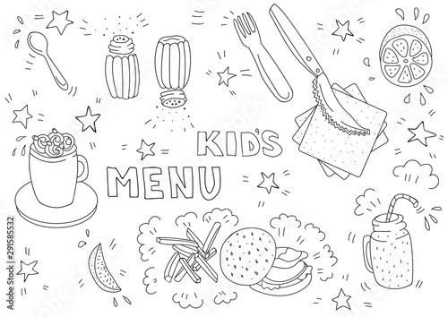 Black and white illustration for kids menu with burger, french fries, lemon, cocoa, smoothies in doodle style. Page of a children's coloring book. Blank A3 horizontal format