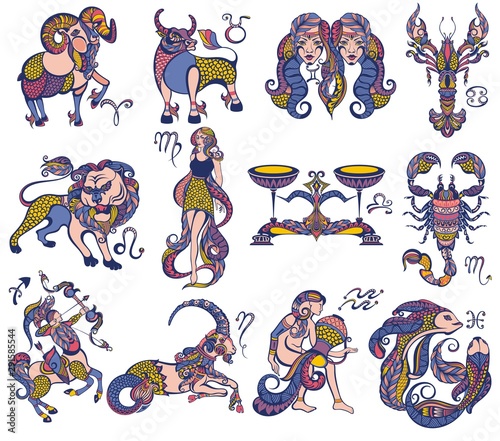 Set of zodiac signs icons. Aries, leo, gemini, taurus, scorpio, aquarius, pisces, sagittarius, libra, virgo, capricorn and cancer. 