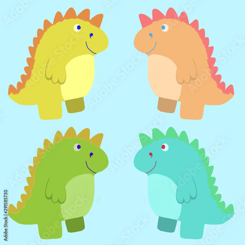 Set of four coloring smiling textured isolated dinosaurus. 