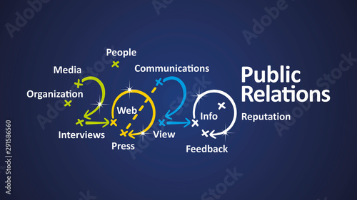 Public Relations 2020 word cloud arrows blue background vector