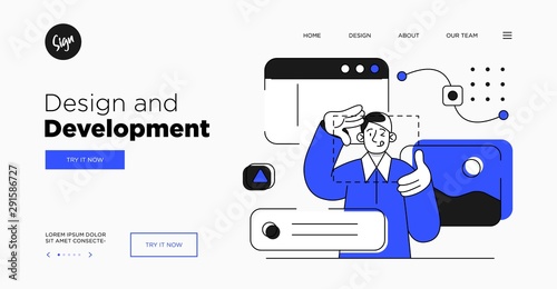 Presentation slide template or landing page website design. Business concept illustrations. Modern flat outline style. Design And Development