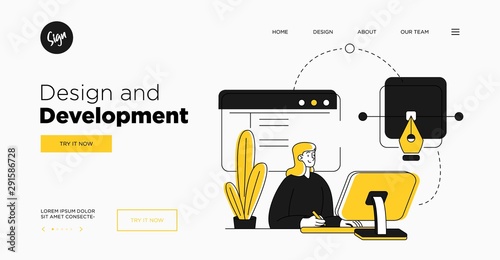 Presentation slide template or landing page website design. Business concept illustrations. Modern flat outline style. Design And Development
