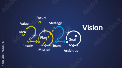 Vision 2020 word cloud arrows blue background vector