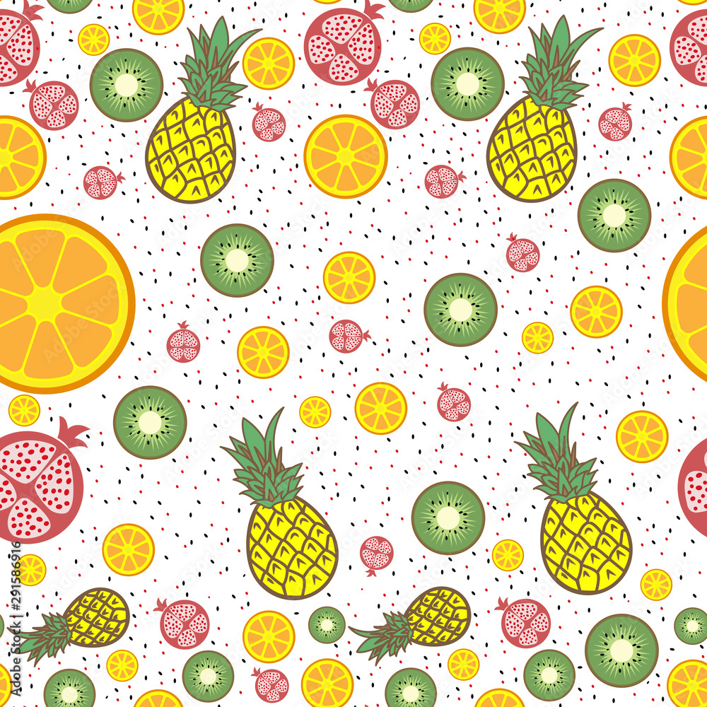 Fruit bright summer background. pineapple, orange, kiwi, pomegranate. seamless pattern. Summer time poster. healthy lifestyle Fruit bright summer background. pineapple, orange, kiwi, pomegranate. seamless pattern. Summer time poster. healthy lifestyle
