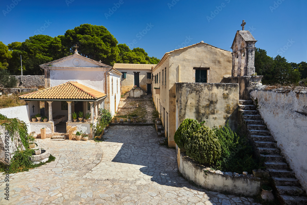 Courtyard of the St. Nicholas Monastery George Kremnon on the island of Zakynthos in Greece.