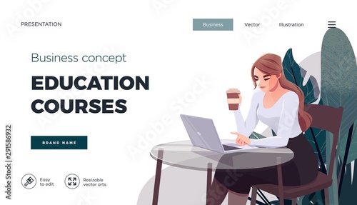 Landing page template for online courses, distance education, Internet studying, training. Education Concept, training young female. Internet student