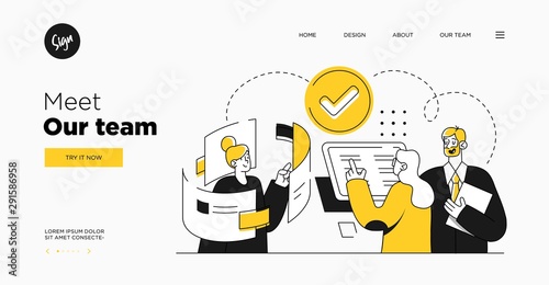 Presentation slide template or landing page website design. Business concept illustrations. Modern flat outline style. Teamwork concept