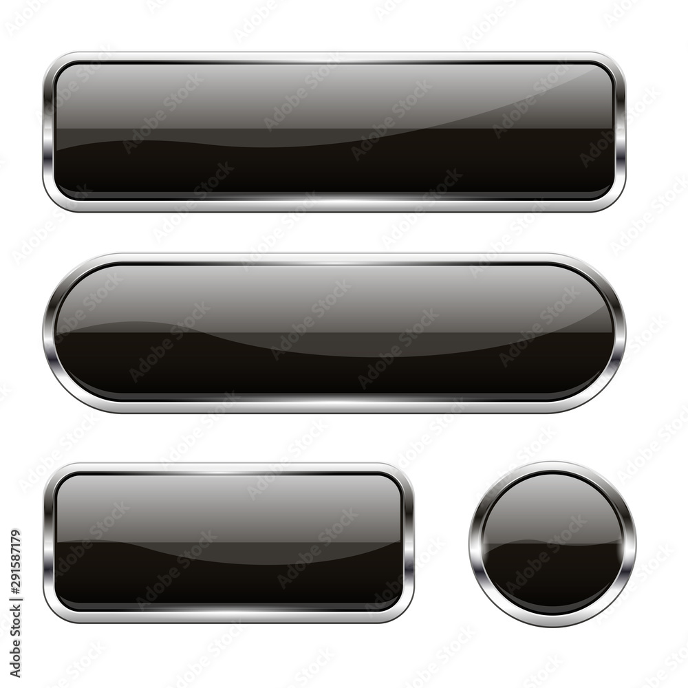 Black glass buttons. Set of 3d shiny icons with chrome frame Black glass buttons. Set of 3d shiny icons with chrome frame