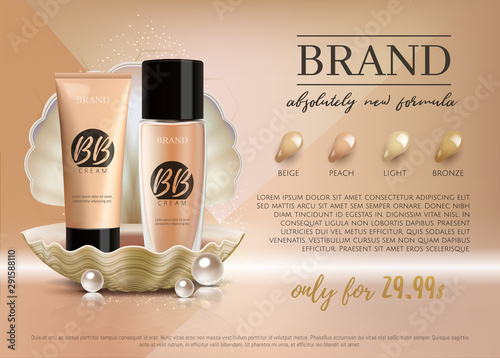 Premium VIP cosmetic ads, promotion make-up foundation for sale. Elegant BB face cream, lotion tube and glass bottle in a shell with shining pearl isolated on glitter background.3D realistic vector