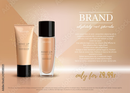 Premium VIP cosmetic ads, promotion make-up foundation for sale. Elegant beige skin face cream, lotion tube and glass bottle isolated on glitter sparkle background, gloss effect. 3D realistic vector